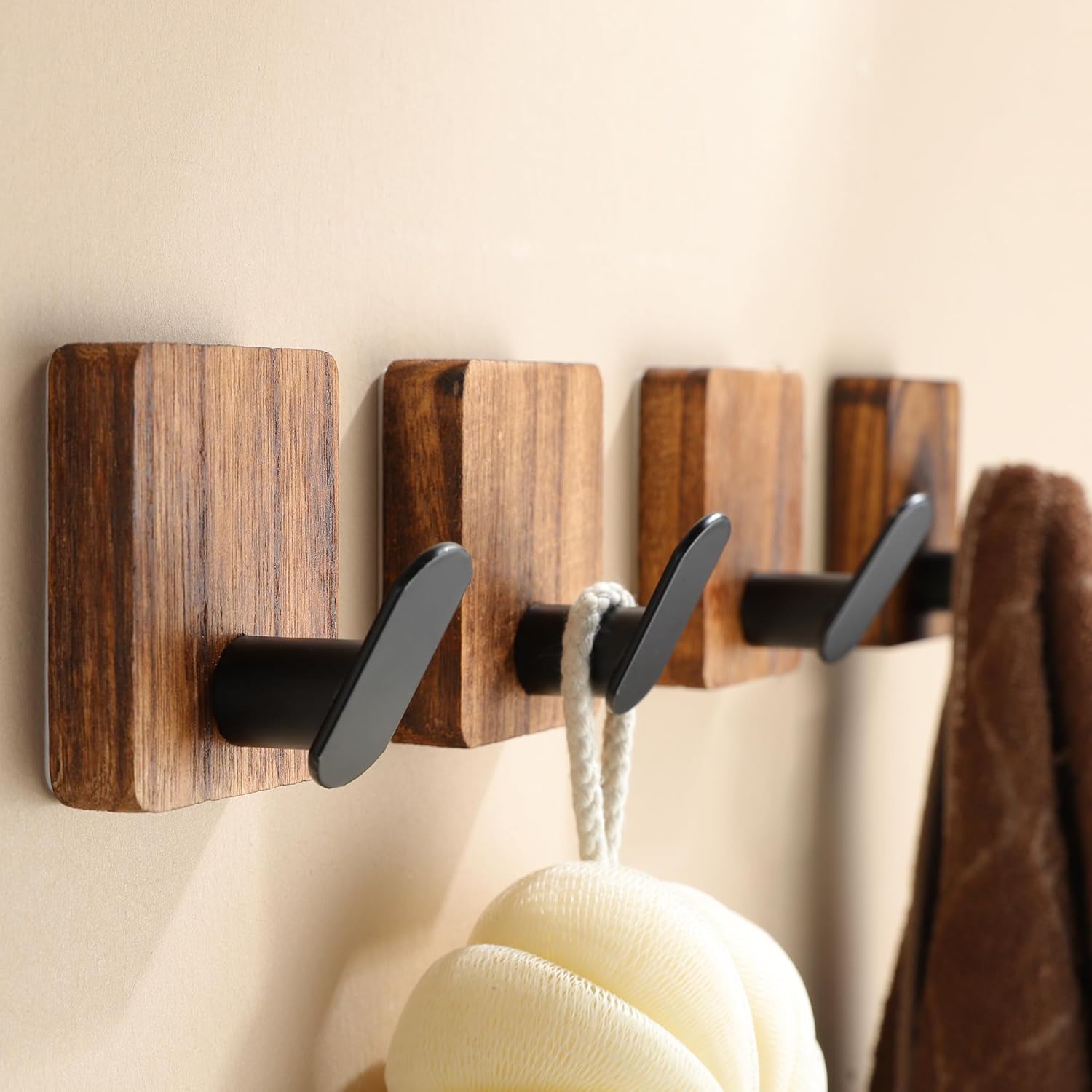 Robe Hook Adhesive - Adhesive Wood Hooks for Bathrooms, 4