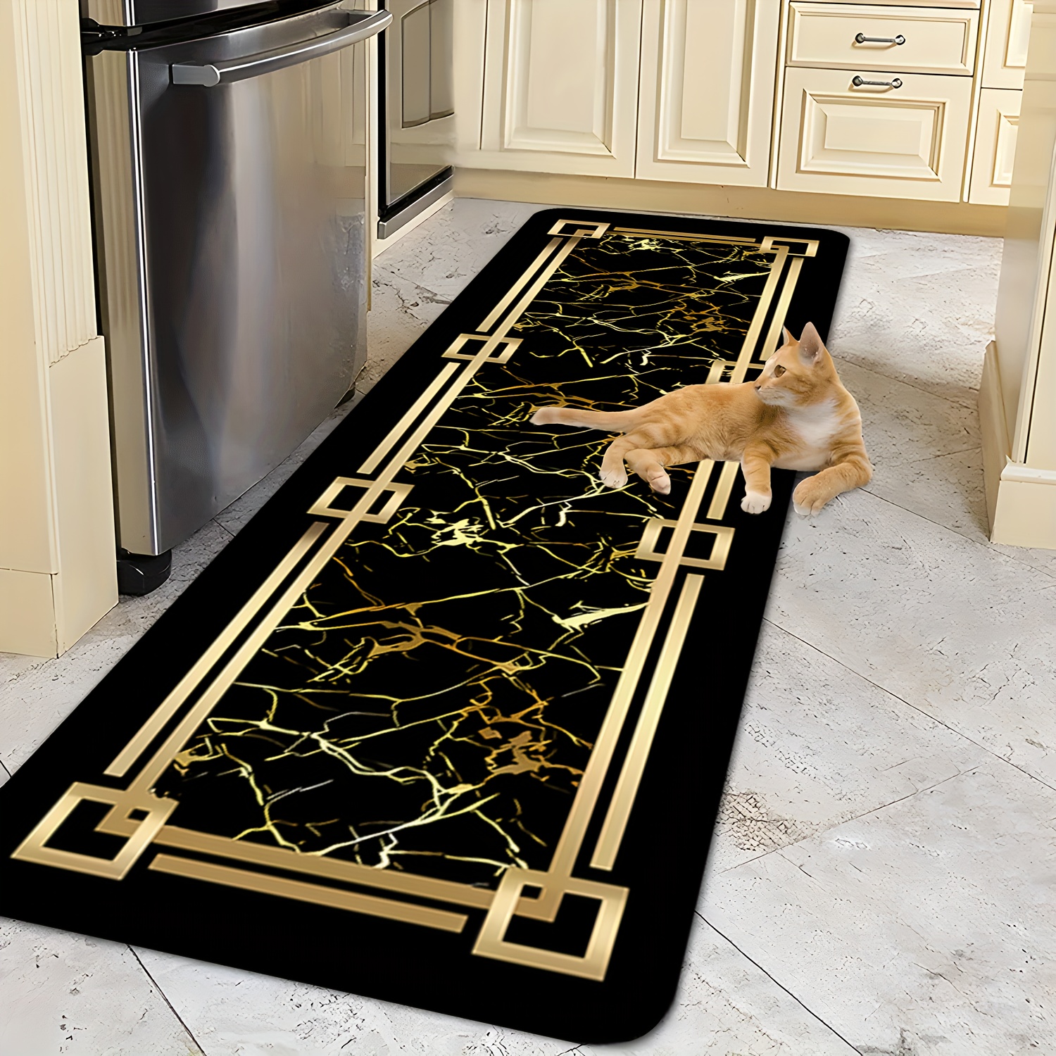 Home Living Bathroom Vanity - Black Gold Marble Geometric Border Print