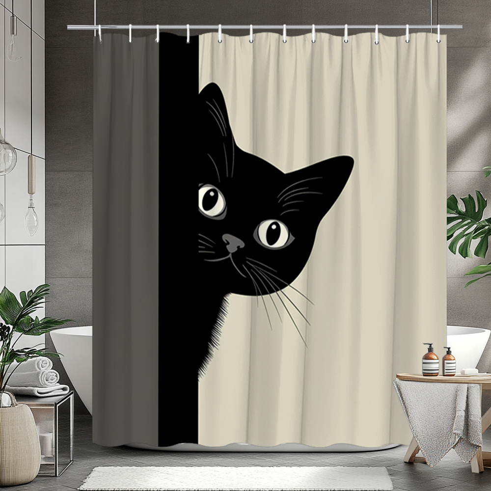 Home Bathroom Partition Wall - 1pc Black Cat Shower Curtain Striped